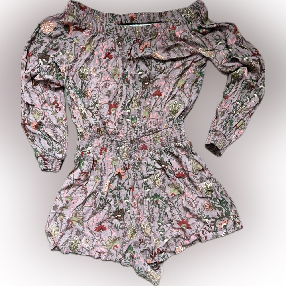 Free People Floral Flow Short Romper Off the Shoulder - Pink and Green - Picture 2 of 7